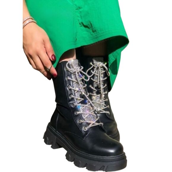 Diamond Black Chunky Lace-Up Side Zipper Calf Boot - Black Size 9.5 - Picture 9 of 10